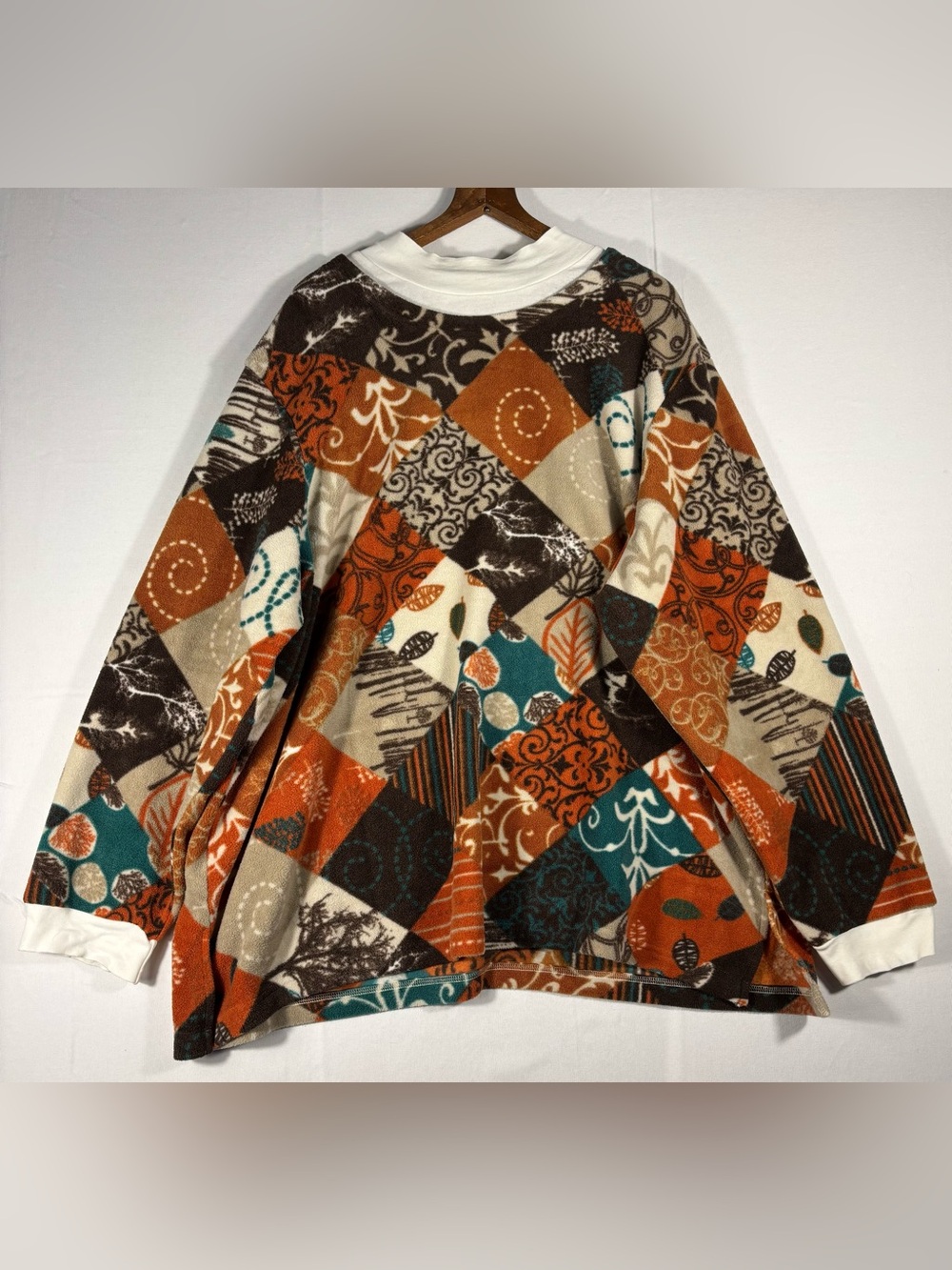 Blair Women’s 3XL Patchwork-Print Crewneck Fall Sweater in Orange, Teal & Brown